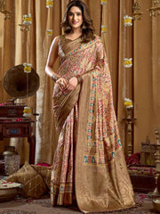 Incredible Beige Digital Printed Silk Wedding Saree With Blouse