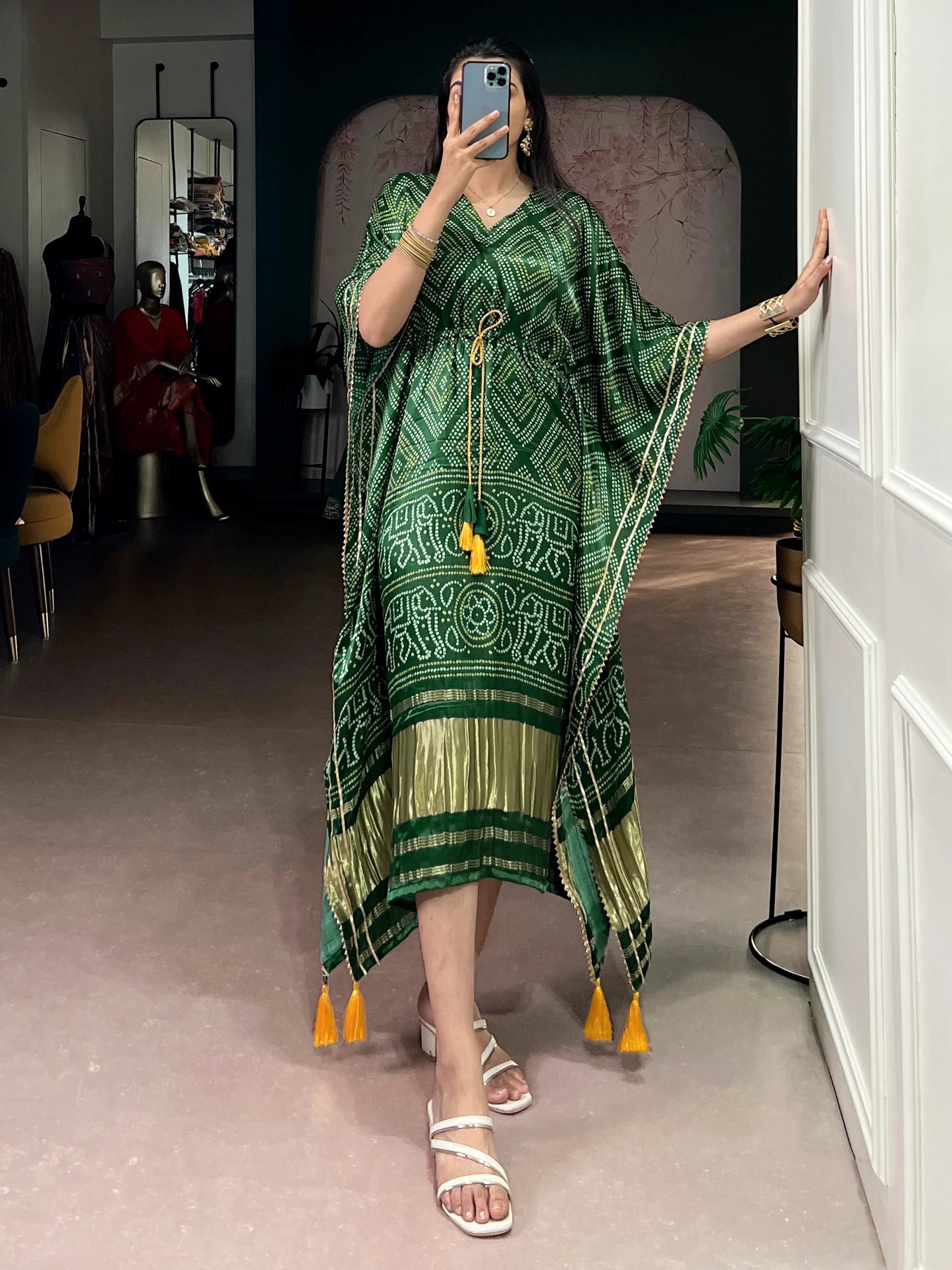 Stunning Green Bandhani Printed Silk Mehendi Wear Kaftan