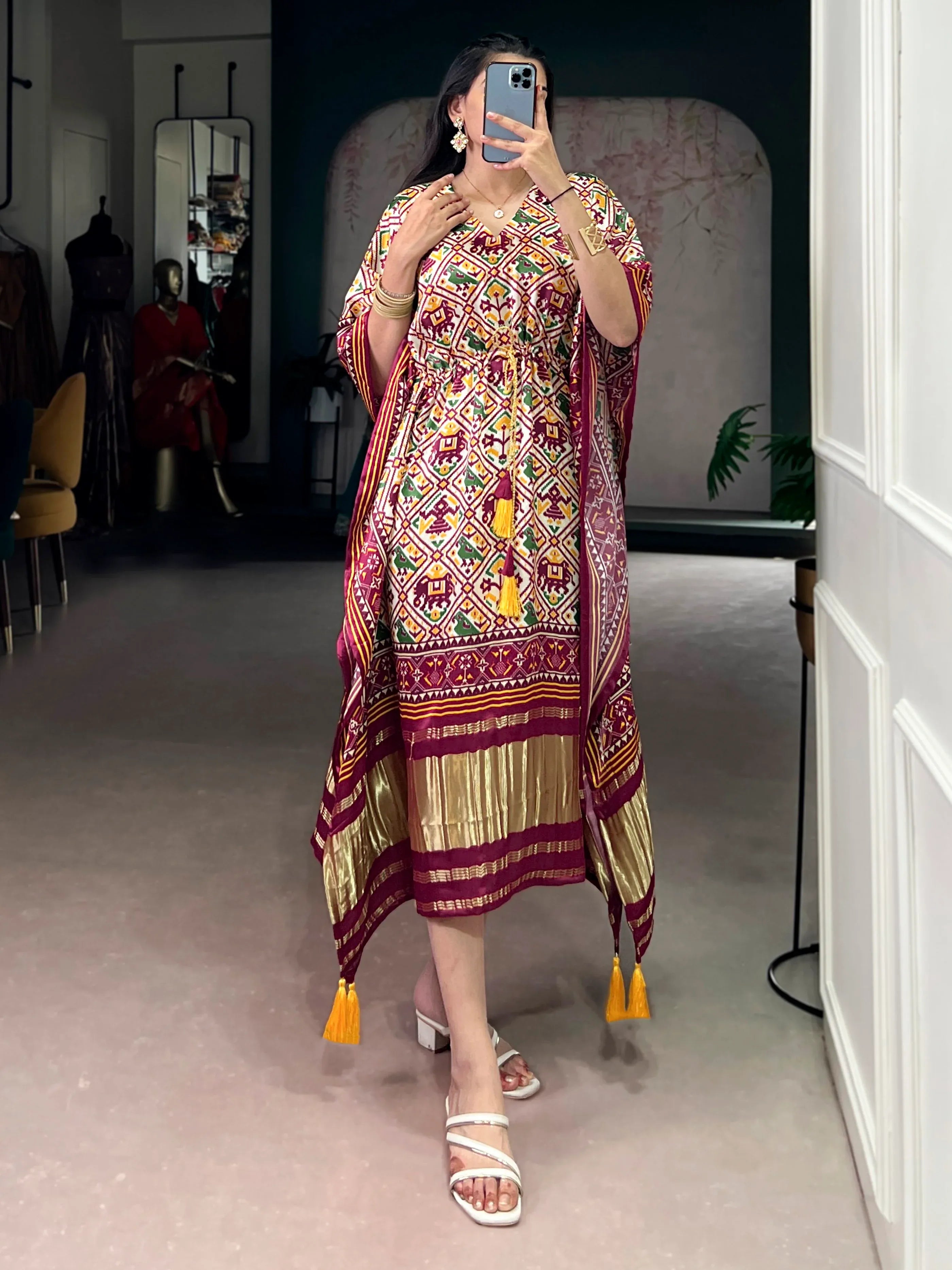 Glowing Maroon Digital Printed Silk Marriage Wear Kaftan