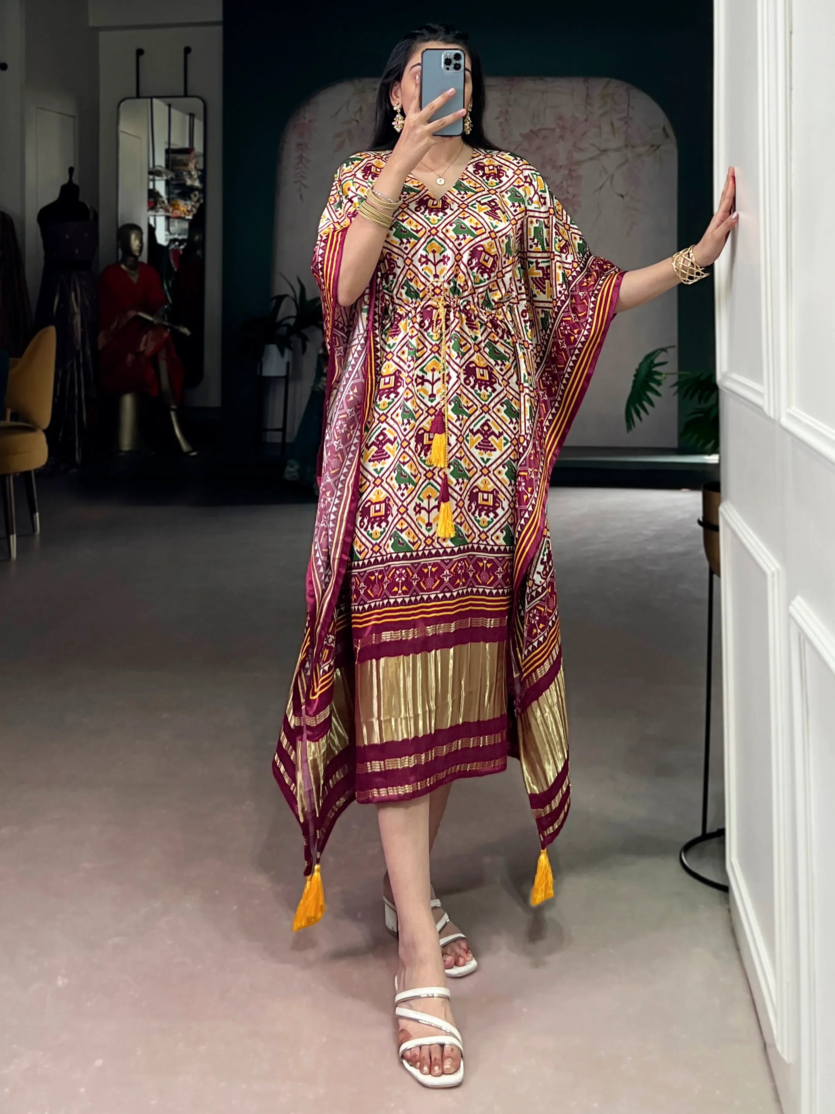 Glowing Maroon Digital Printed Silk Marriage Wear Kaftan