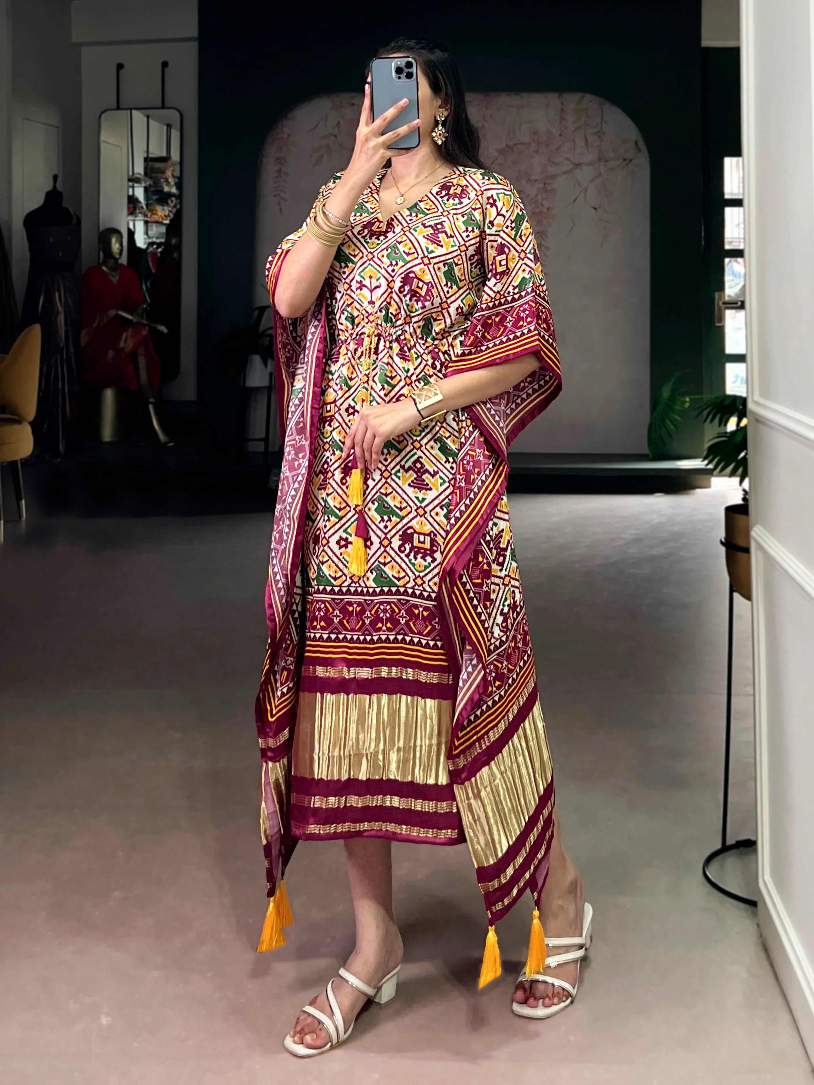 Glowing Maroon Digital Printed Silk Marriage Wear Kaftan