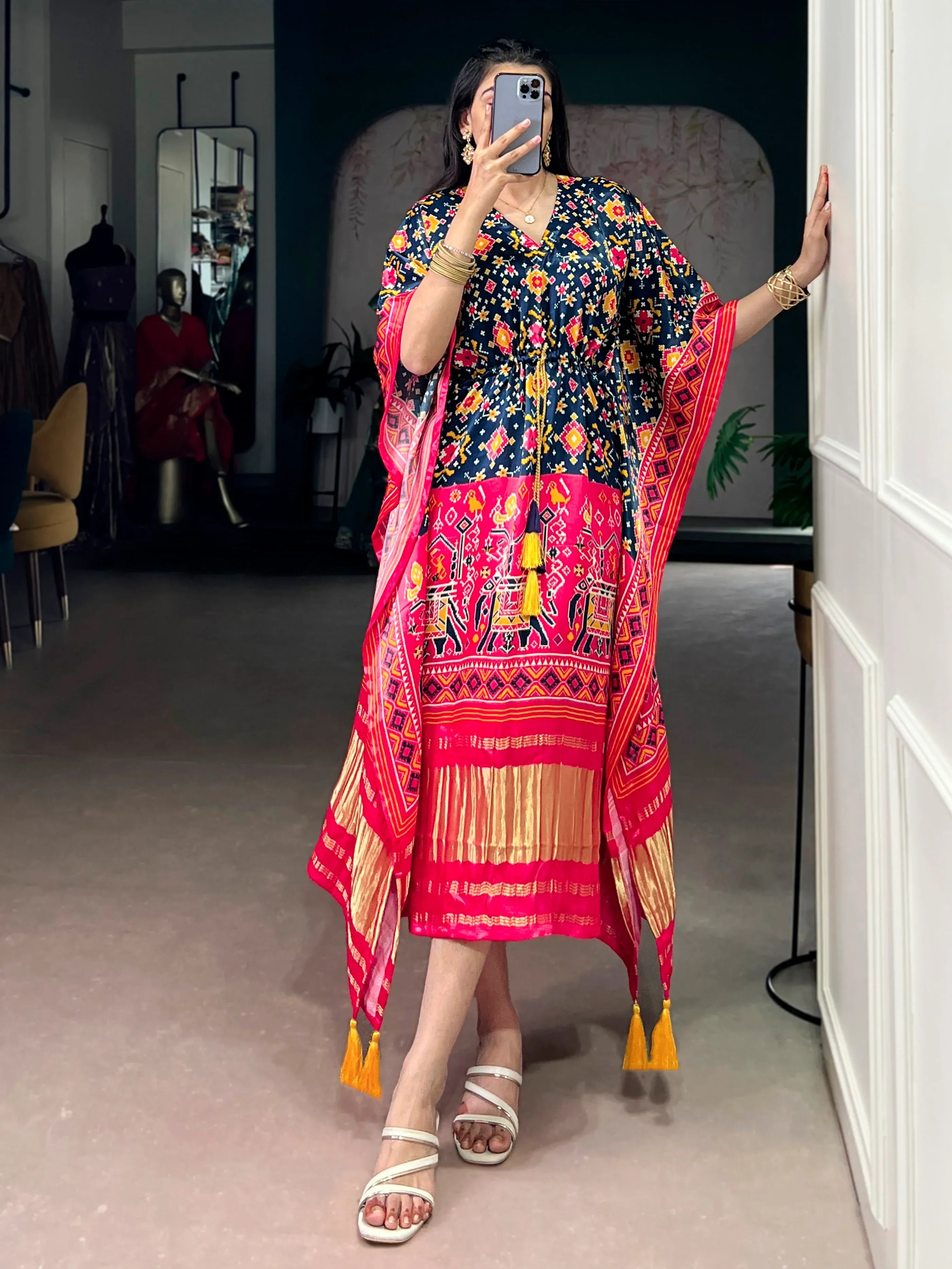 Precious Multi Color Patola Printed Silk Wedding Wear Kaftan
