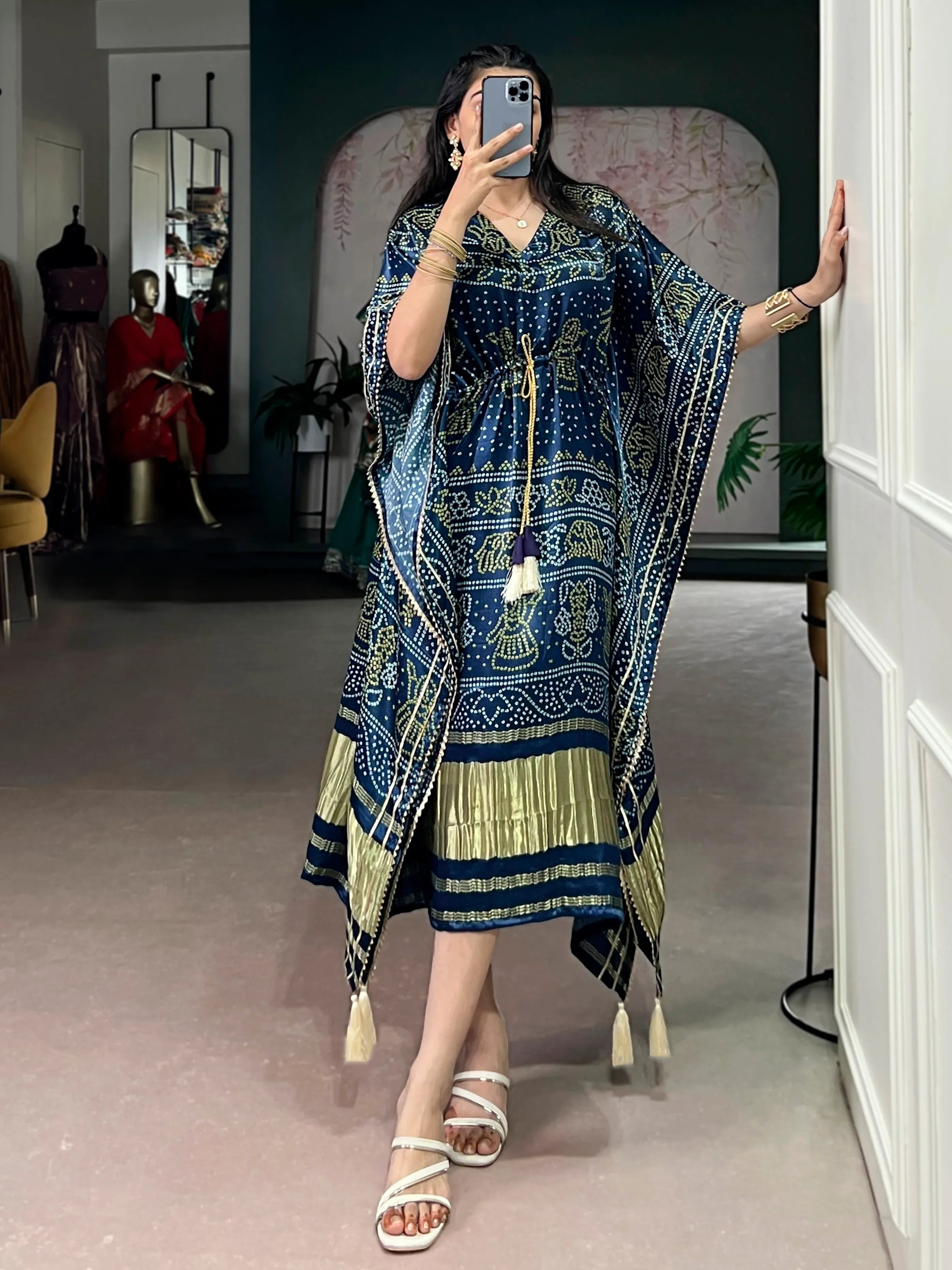 Gorgeous Navy Blue Bandhani Printed Silk Event Wear Kaftan