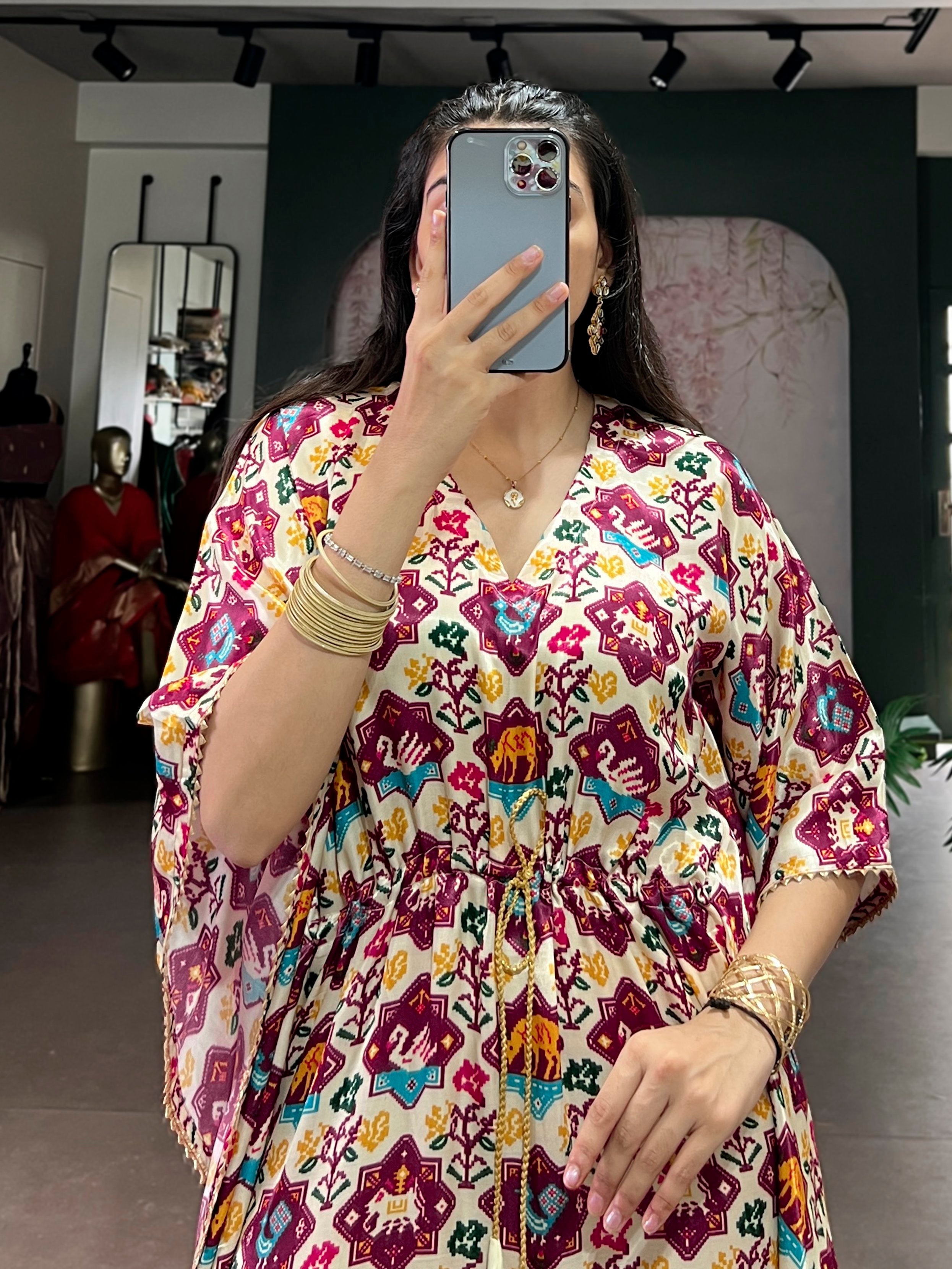 Incredible White Digital Printed Silk Traditional Wear Kaftan