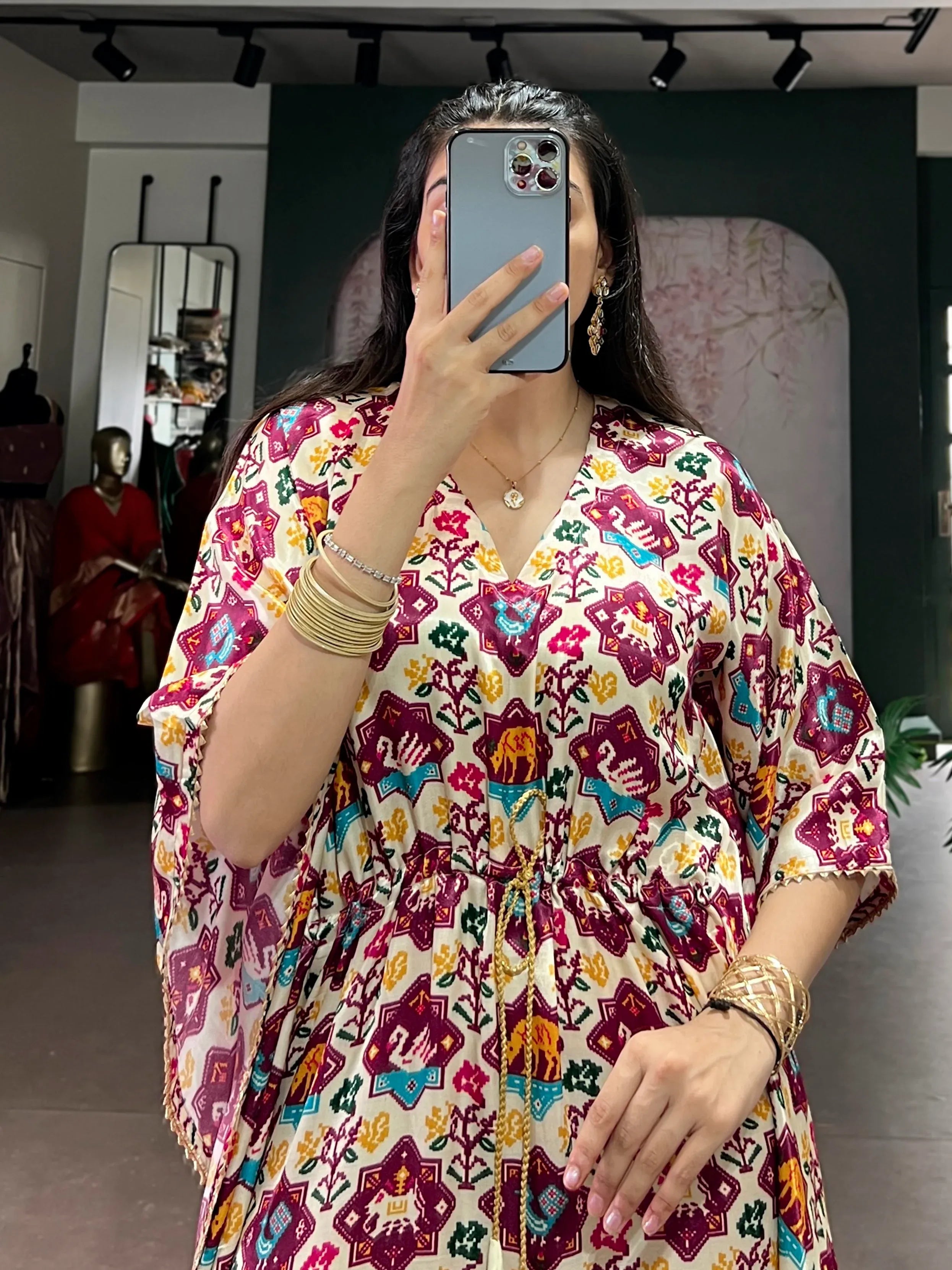 Incredible White Digital Printed Silk Traditional Wear Kaftan