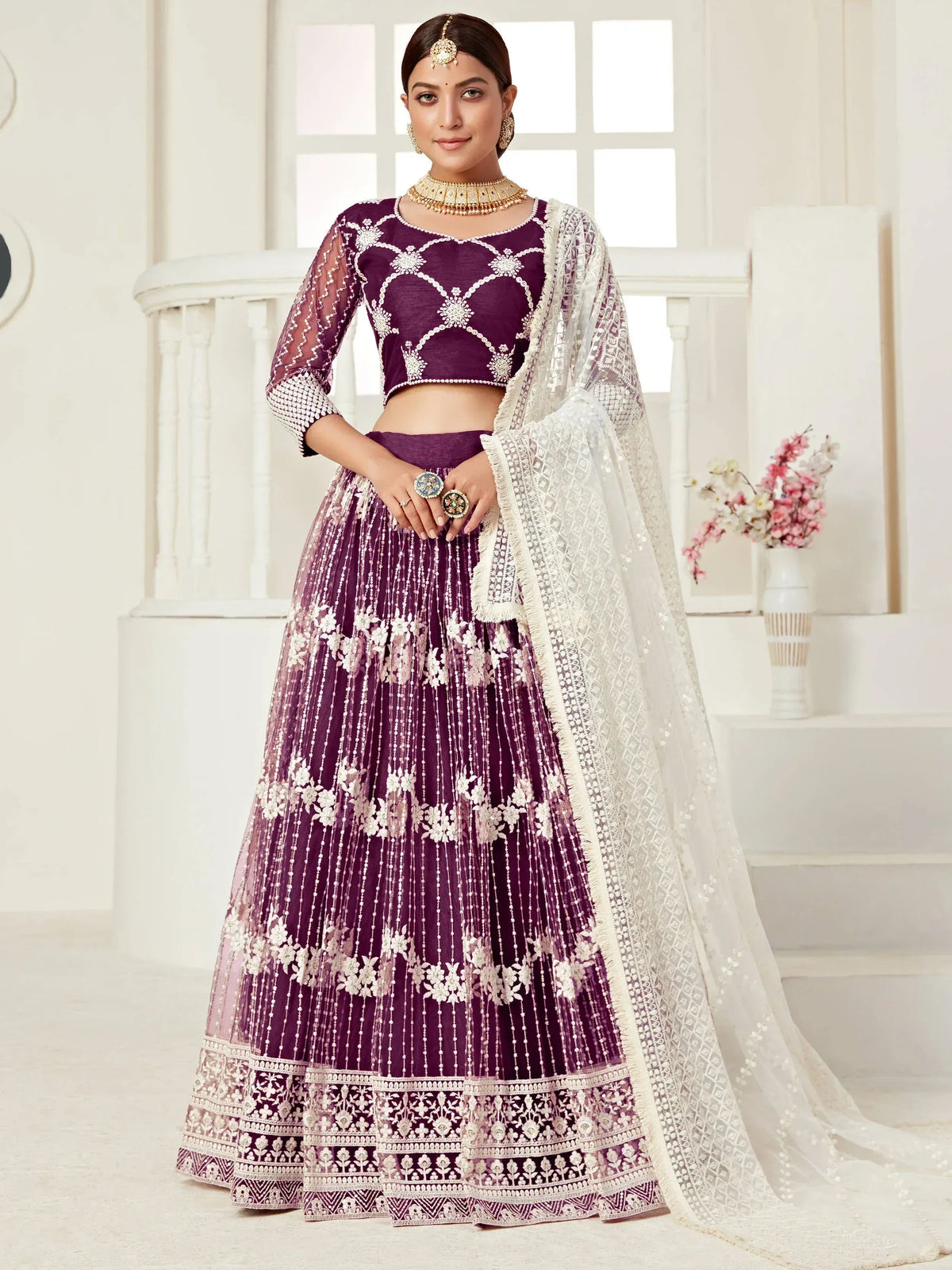 Purple embroidered lehenga choli with white dupatta, Indian ethnic wear for weddings and festivals