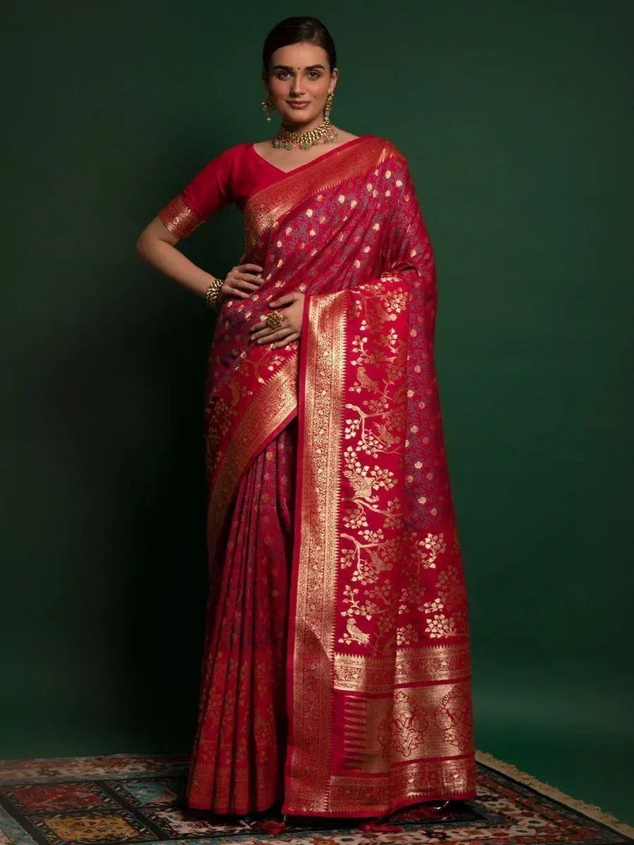 Red and gold designer saree with intricate floral and bird motifs, perfect for ethnic occasions
