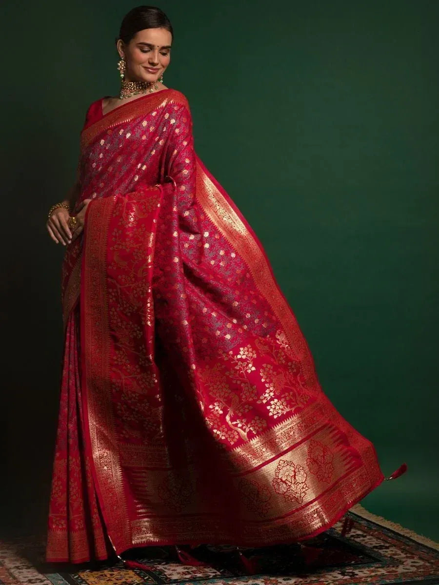 Red and gold designer saree with intricate floral zari work, perfect for Indian ethnic occasions