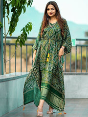 Ravishing Green Bandhej Print Gaji Silk Festival Wear Readymade Kaftan