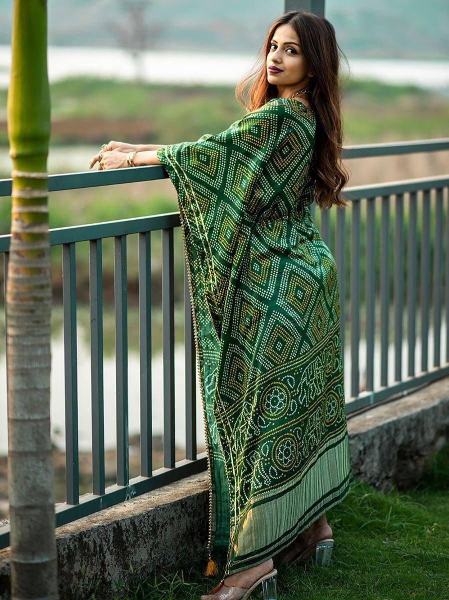 Ravishing Green Bandhej Print Gaji Silk Festival Wear Readymade Kaftan