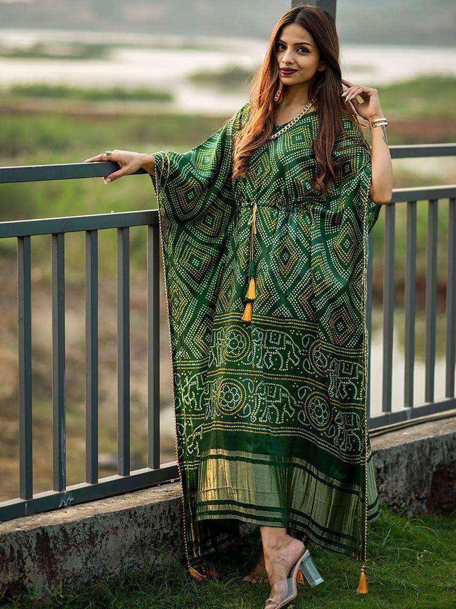 Ravishing Green Bandhej Print Gaji Silk Festival Wear Readymade Kaftan