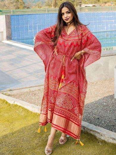 Exquisite Red Bandhej Print Gaji Silk Festival Wear Readymade Kaftan