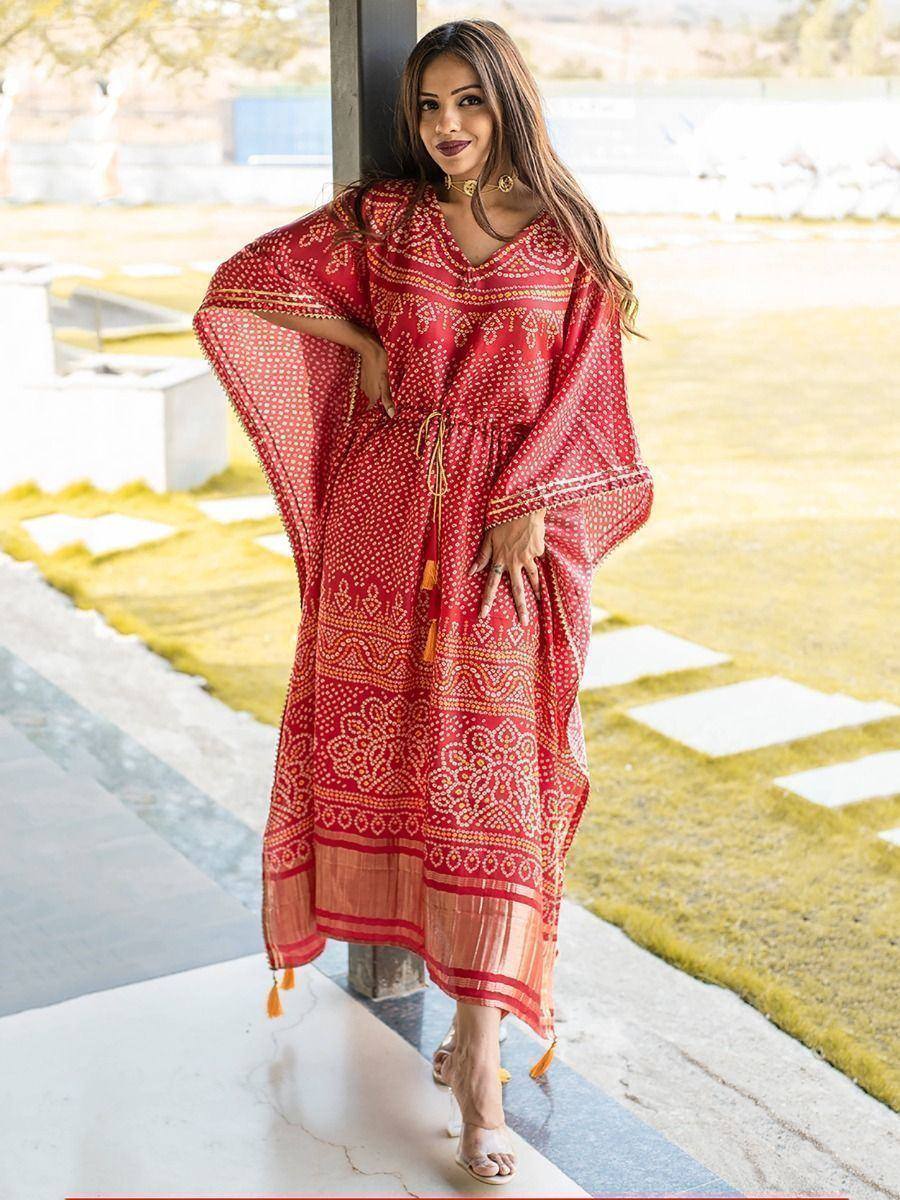 Red ethnic kaftan gown with gold print, perfect for Indian occasions and festive wear