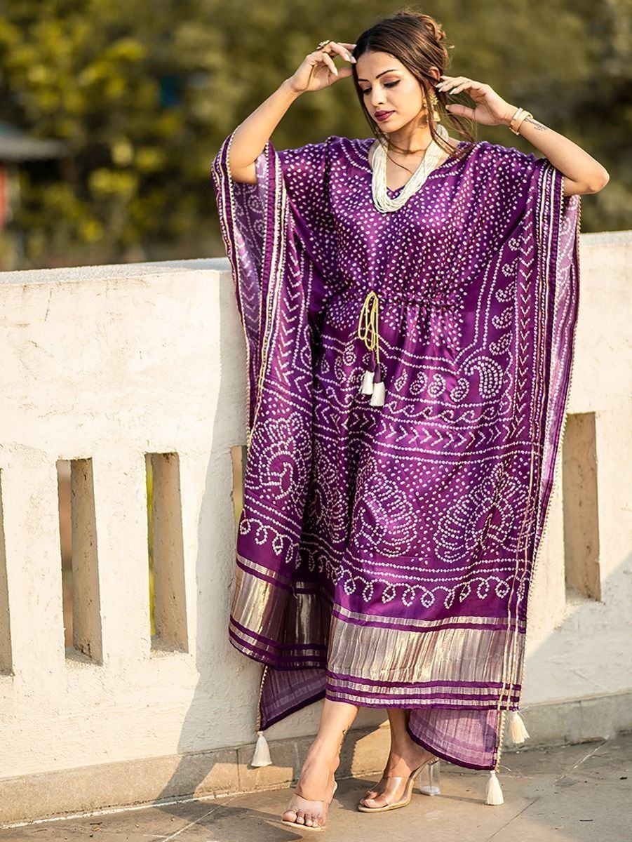 Aesthetic Wine Bandhej Print Gaji Silk Festival Wear Readymade Kaftan