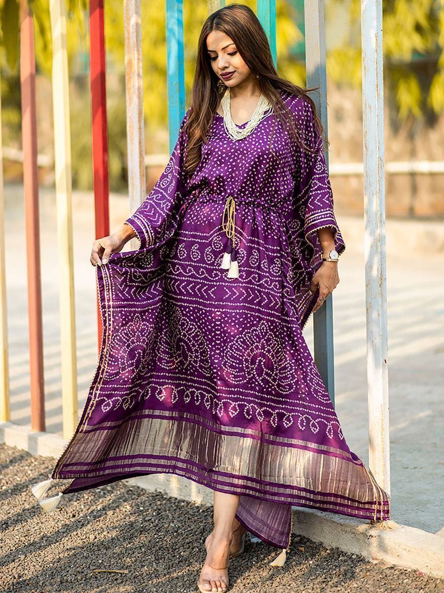 Aesthetic Wine Bandhej Print Gaji Silk Festival Wear Readymade Kaftan