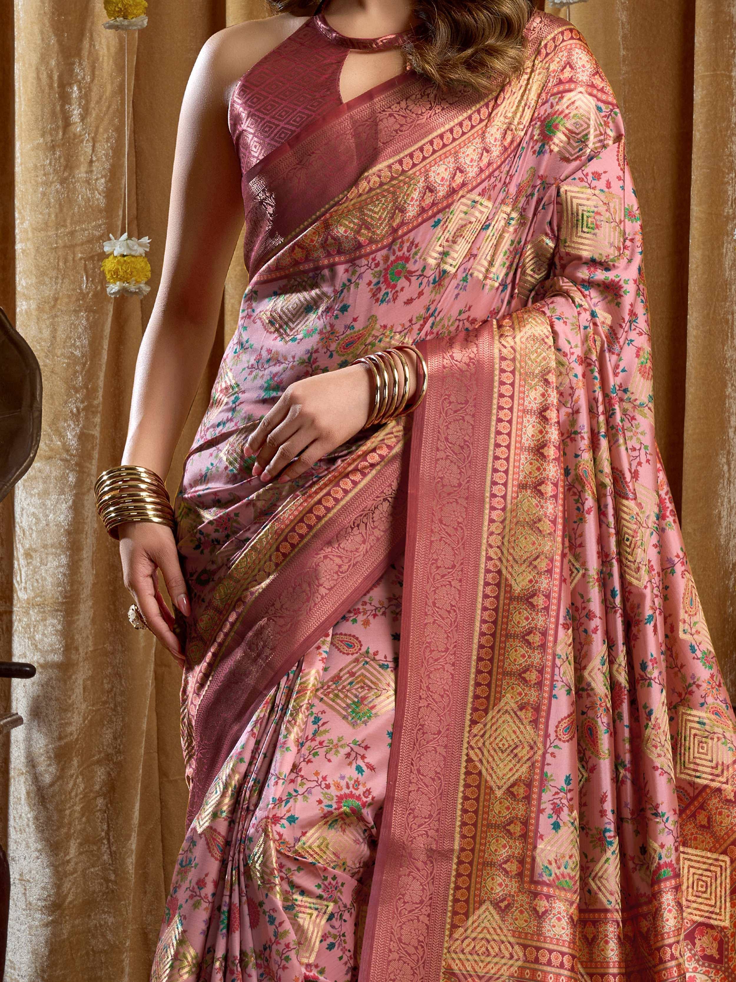 Enchanting Pink Digital Printed Silk Function Wear Saree With Blouse