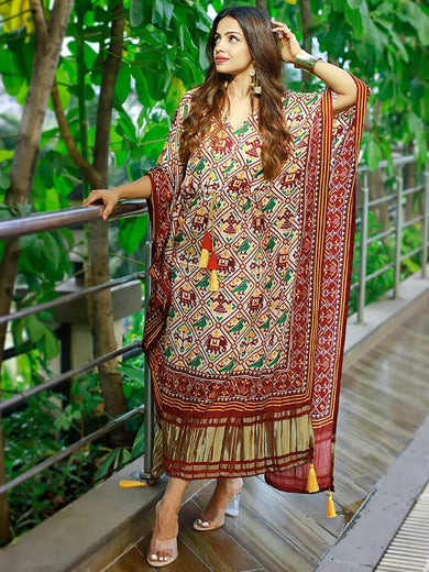 statuesque Maroon Patola Printed Gaji Silk Festival Wear Readymade Kaftan