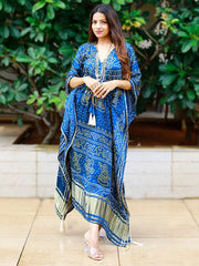 Glorious Blue Bandhej Print Gaji Silk Festival Wear Readymade Kaftan