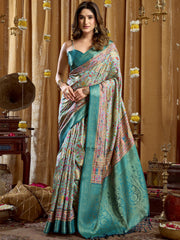 Precious Green Digital Printed Silk Wedding Wear Saree With Blouse