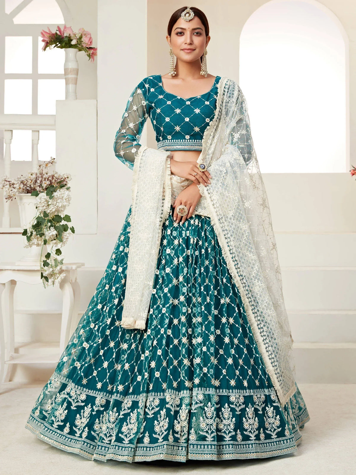 Teal embroidered lehenga choli with white dupatta, Indian ethnic wear for weddings and festivals