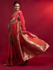 Modish Red Zari Floral Weaving Silk Festive Saree With Blouse