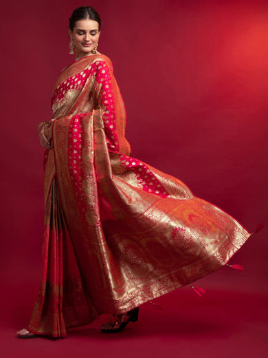 Modish Red Zari Floral Weaving Silk Festive Saree With Blouse