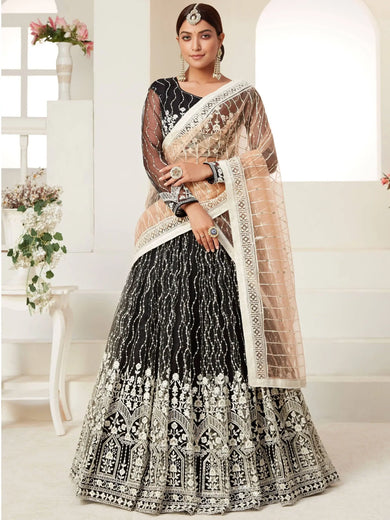 Adorable Black Thread Embroidered Net Festival Wear Lehenga Choli