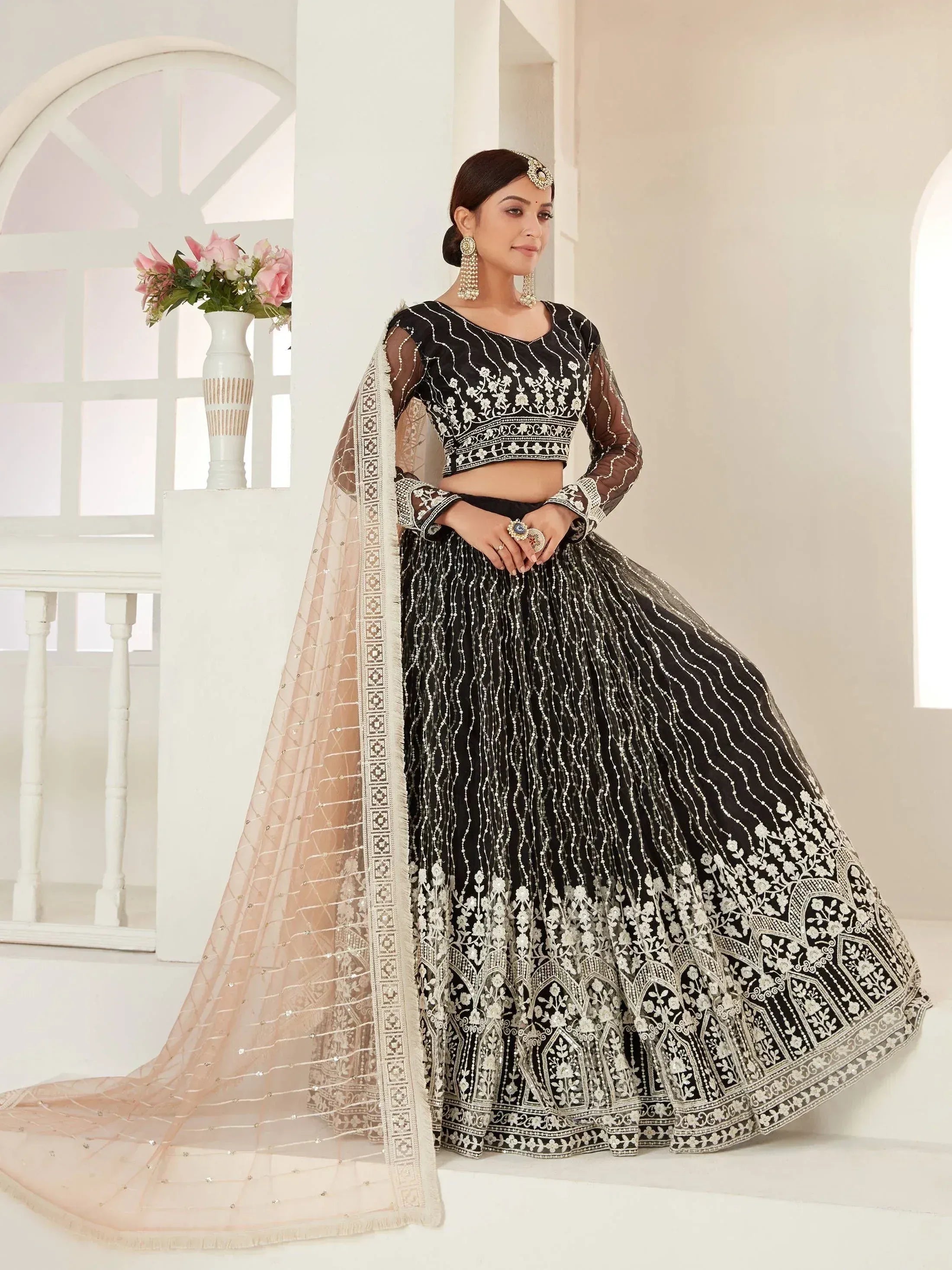Black and white embroidered lehenga choli with sheer sleeves and dupatta, Indian ethnic wear