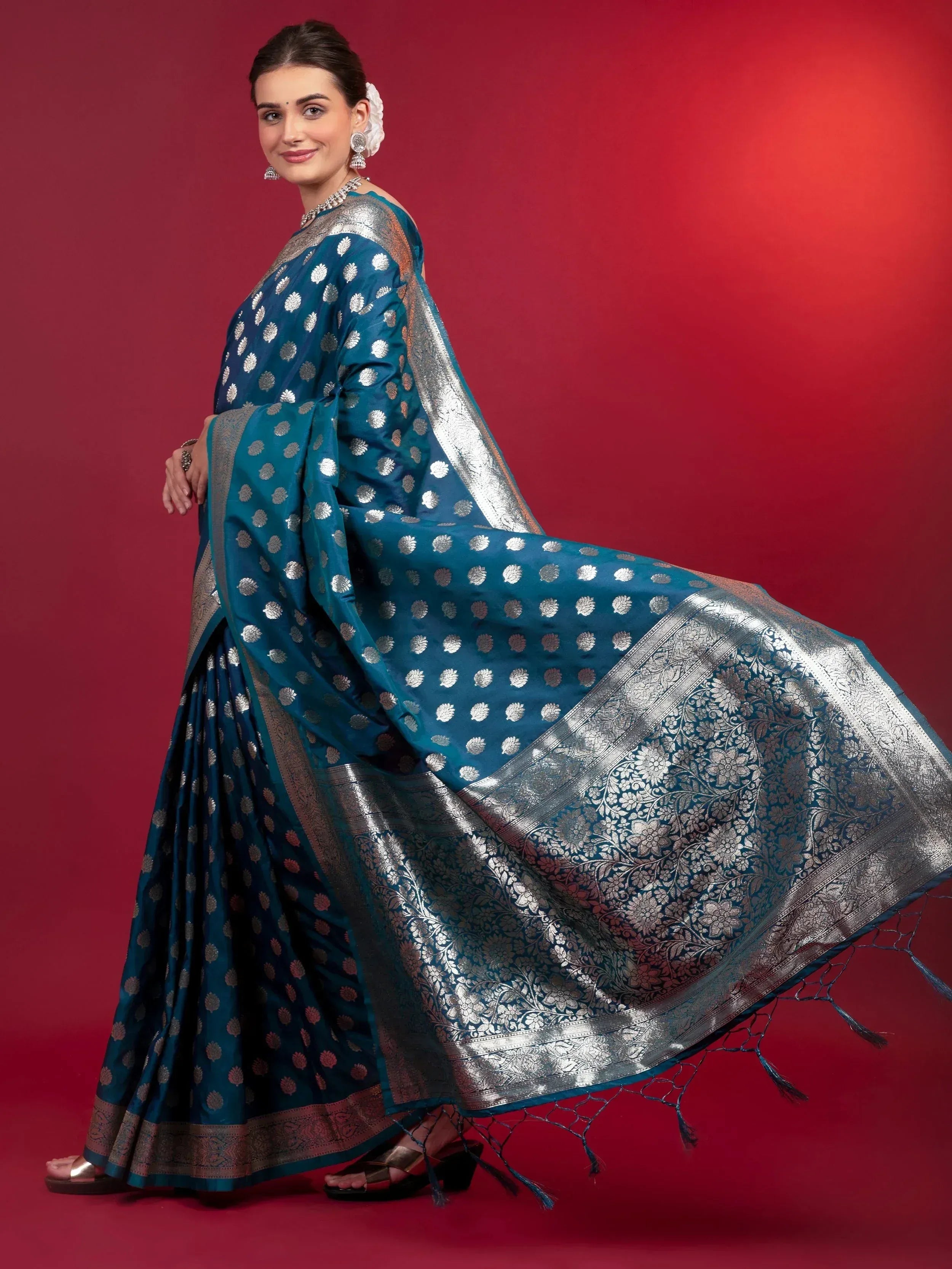 Delightful Blue Zari Weaving Silk Wedding Wear Saree With Blouse