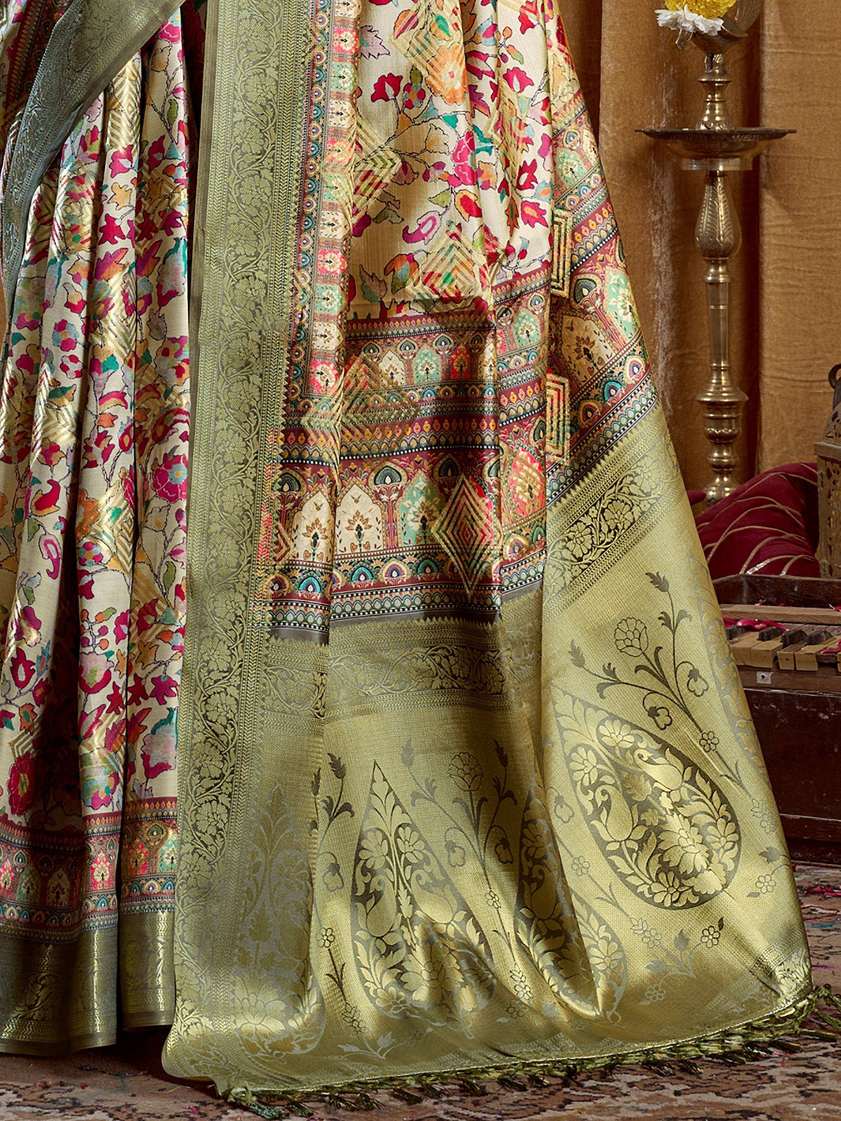 Luxury Indian saree with intricate floral and paisley embroidery, perfect for ethnic wear and festive occasions.