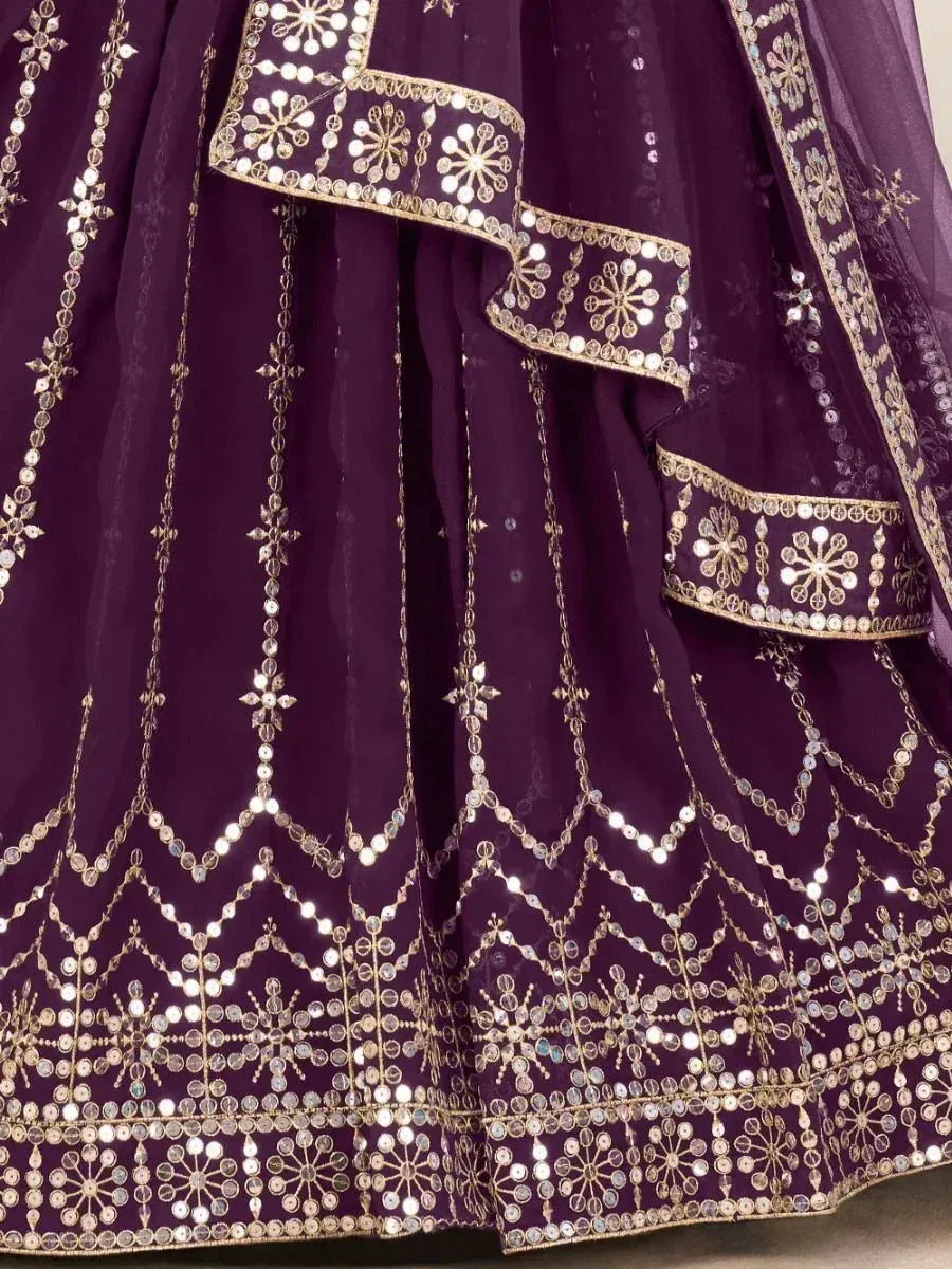 Purple lehenga choli with gold embroidery and mirror work, ethnic Indian wear