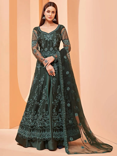 Stunning Dark Green Sequence Butterfly Net Party Wear Anarkali Suit