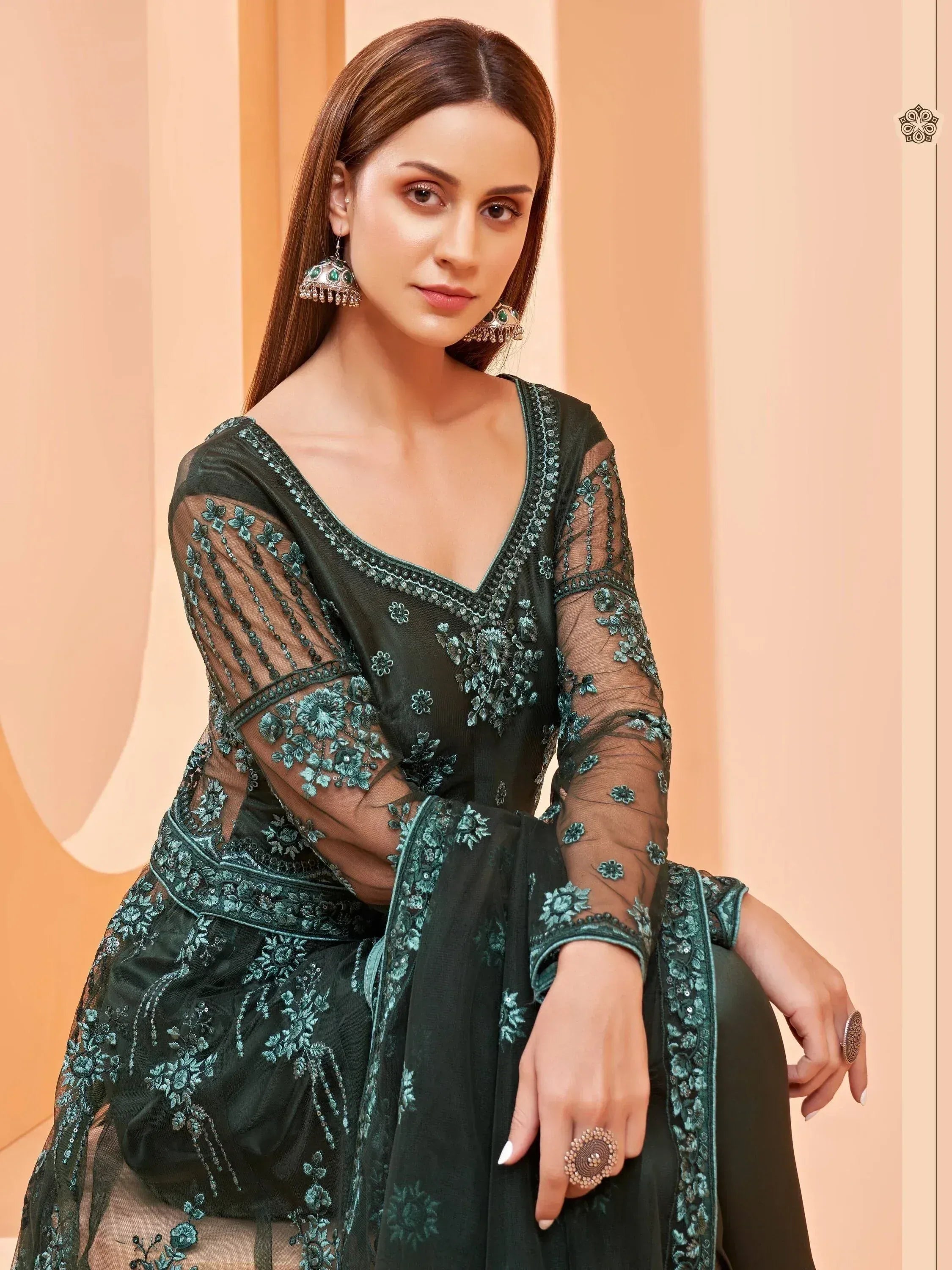 Stunning Dark Green Sequence Butterfly Net Party Wear Anarkali Suit