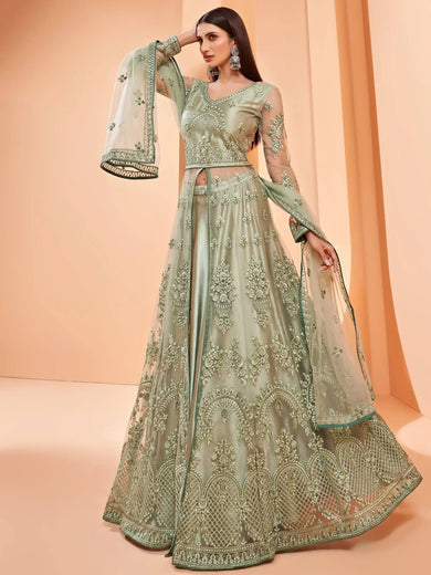 Attractive Pista Green Sequence Butterfly Net Party Wear Anarkali Suit