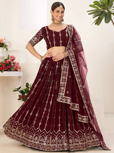 Incredible Maroon Sequins Embroidered Georgette Lehenga Choli