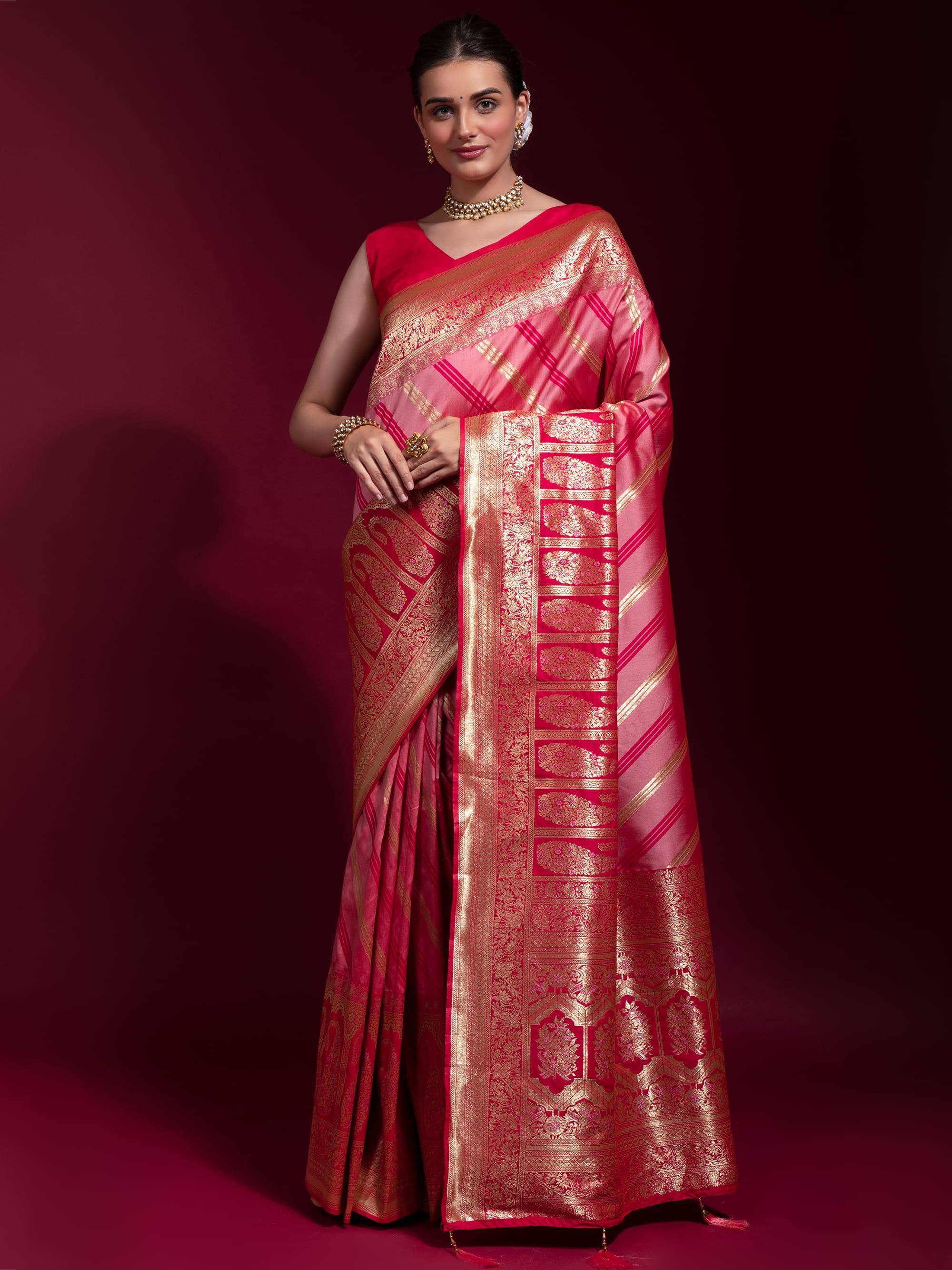 Abundant Pink Zari Weaving Silk Festive Wear Saree With Blouse