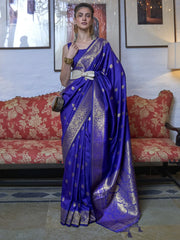Lovable Blue Zari Weaving Silk Festival Wear Saree With Blouse
