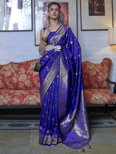 Lovable Blue Zari Weaving Silk Festival Wear Saree With Blouse