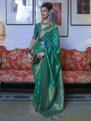 Attractive Sea Green Zari Weaving Silk Mehendi Wear Saree With Blouse