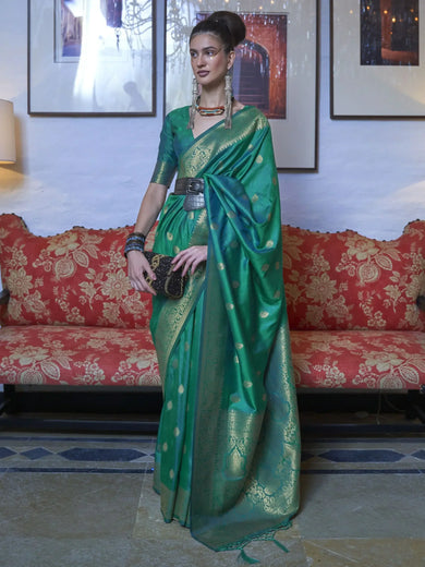 Attractive Sea Green Zari Weaving Silk Mehendi Wear Saree With Blouse