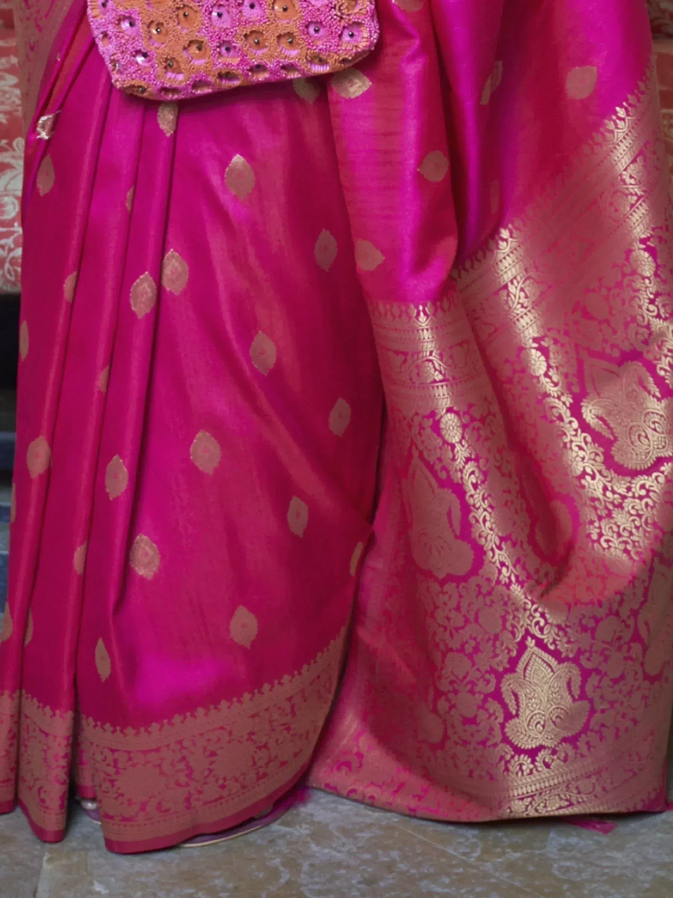 Fuchsia silk saree with gold zari motifs and embroidered blouse, Indian ethnic wear
