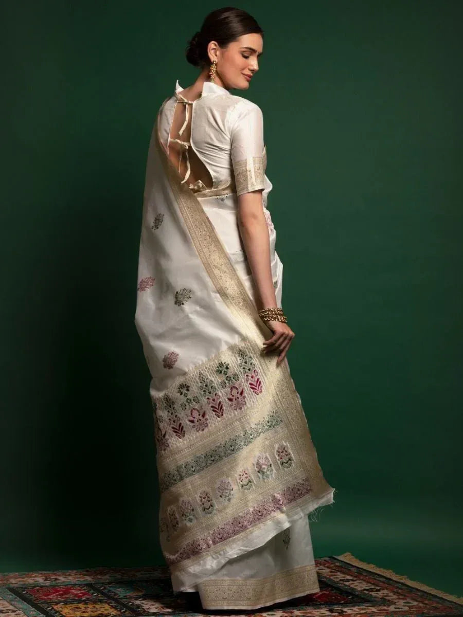 Prodigious White Zari Weaving occasional Wear Silk Saree With Blouse