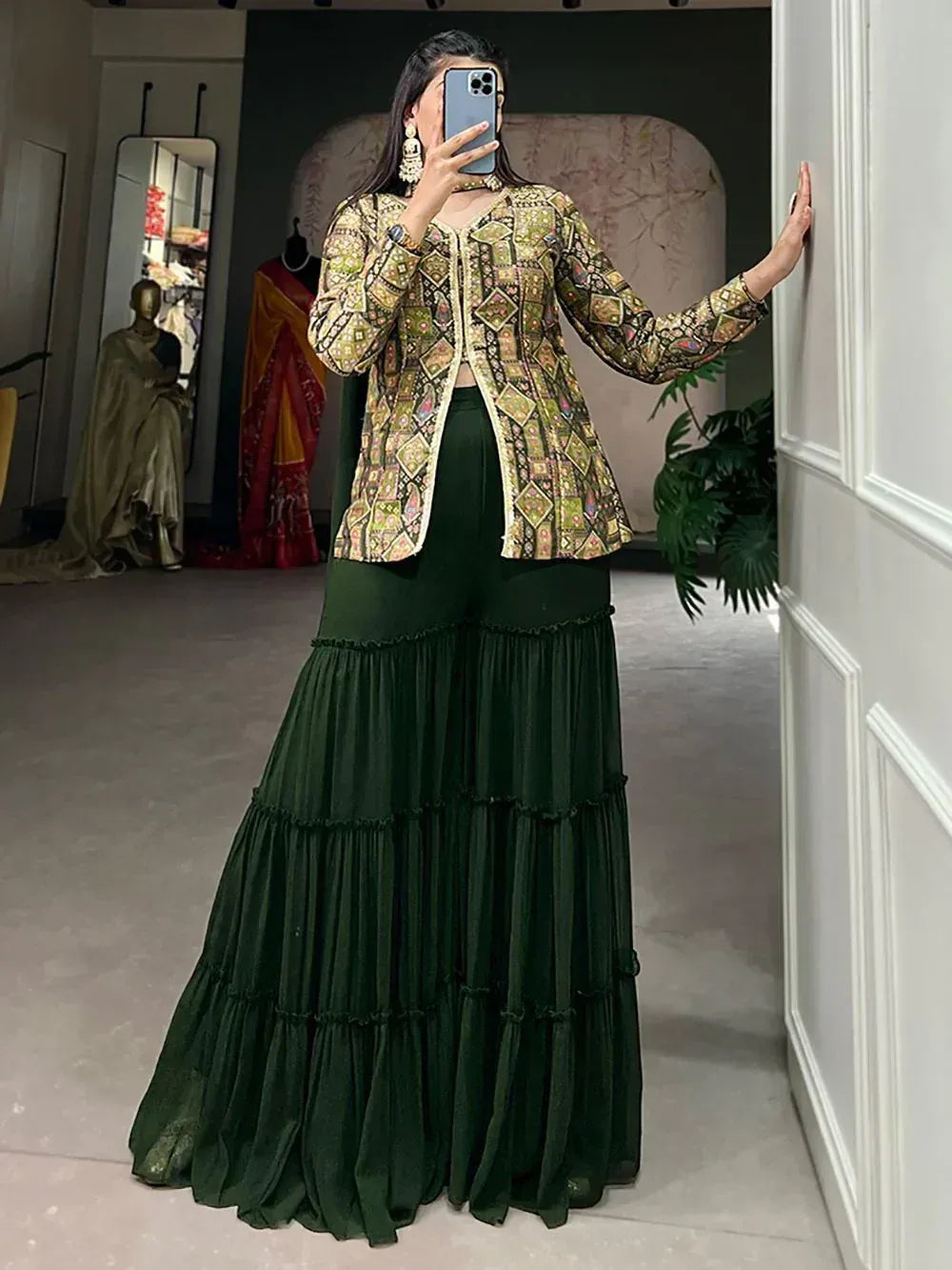 Green tiered palazzo with printed jacket, Indian ethnic wear for women