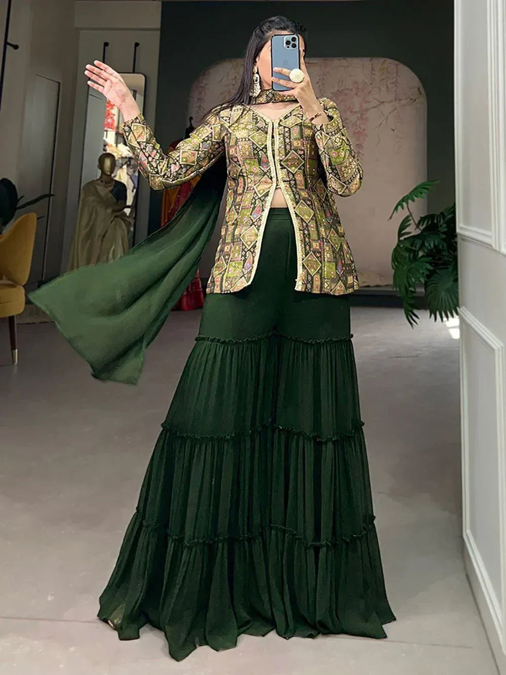 Green tiered palazzo pants with printed jacket, ethnic wear for women