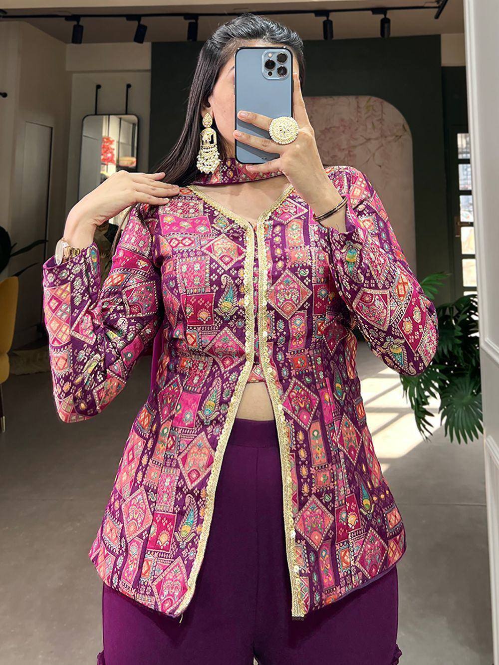 Vibrant purple printed ethnic jacket with gold trim, paired with matching pants, ideal for Indian festive wear.