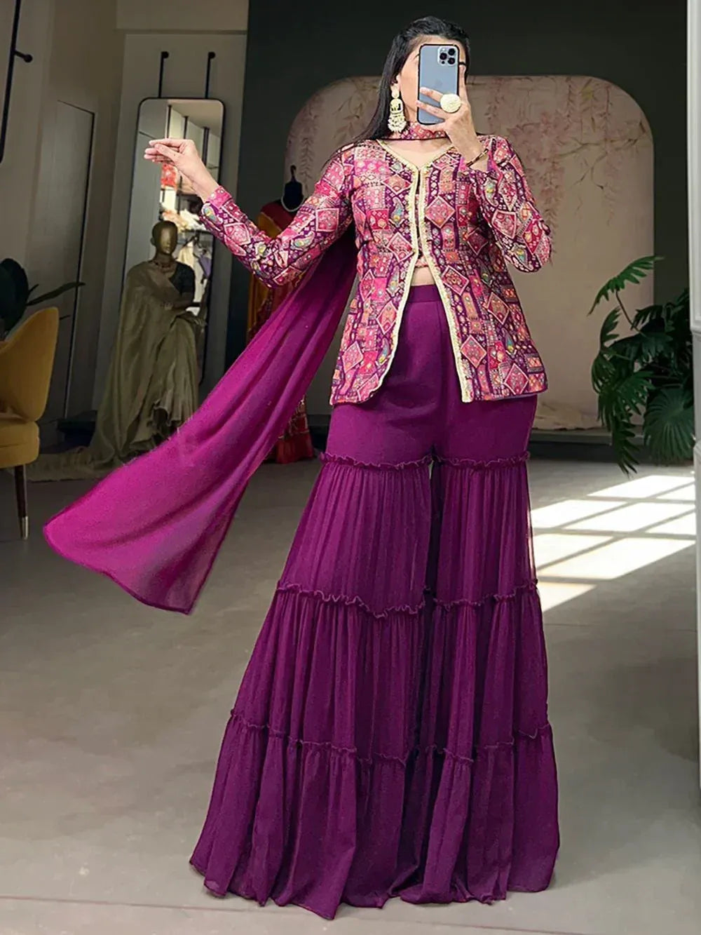 Purple tiered palazzo pants with printed jacket and dupatta, Indian ethnic wear