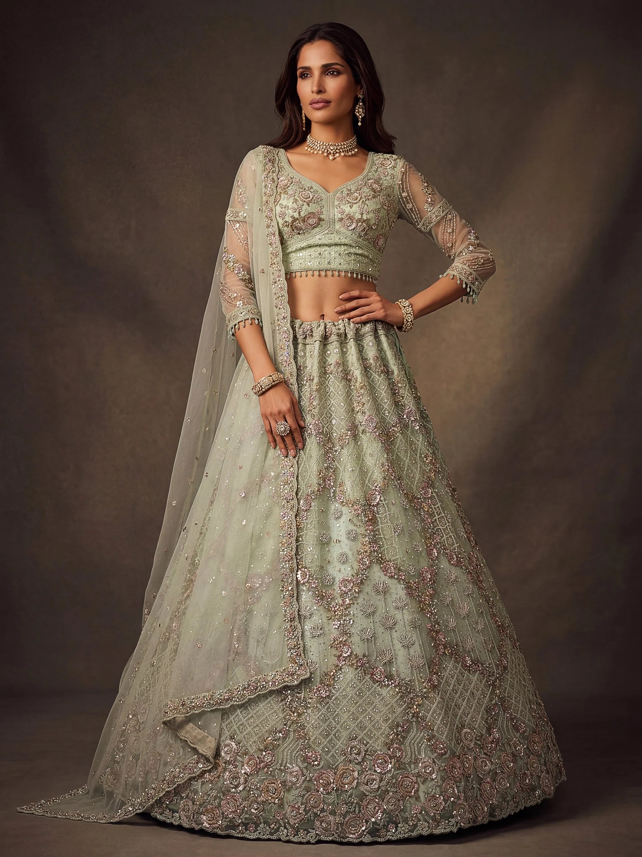 Beautiful Pastel Green Sequins Net Bridesmaid Lehenga Choli