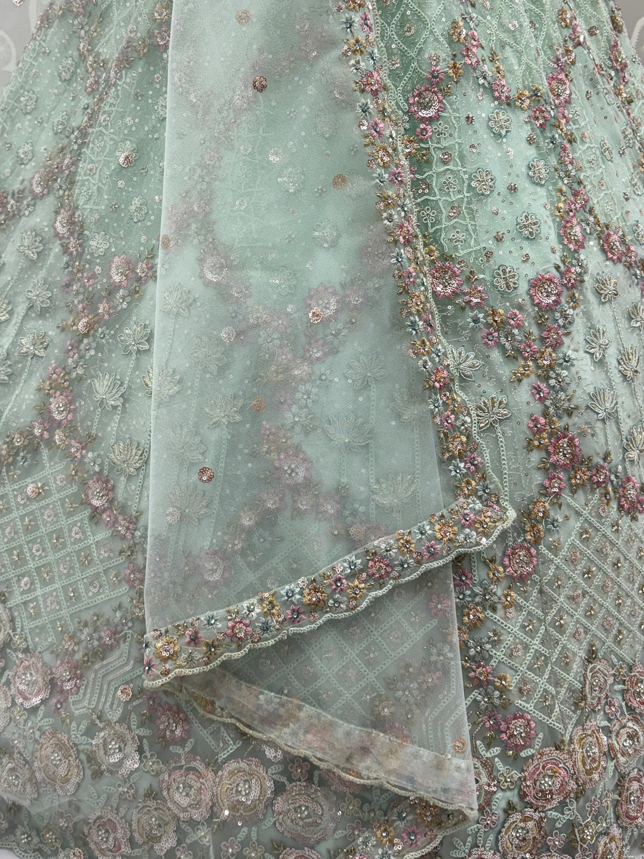 Beautiful Pastel Green Sequins Net Bridesmaid Lehenga Choli