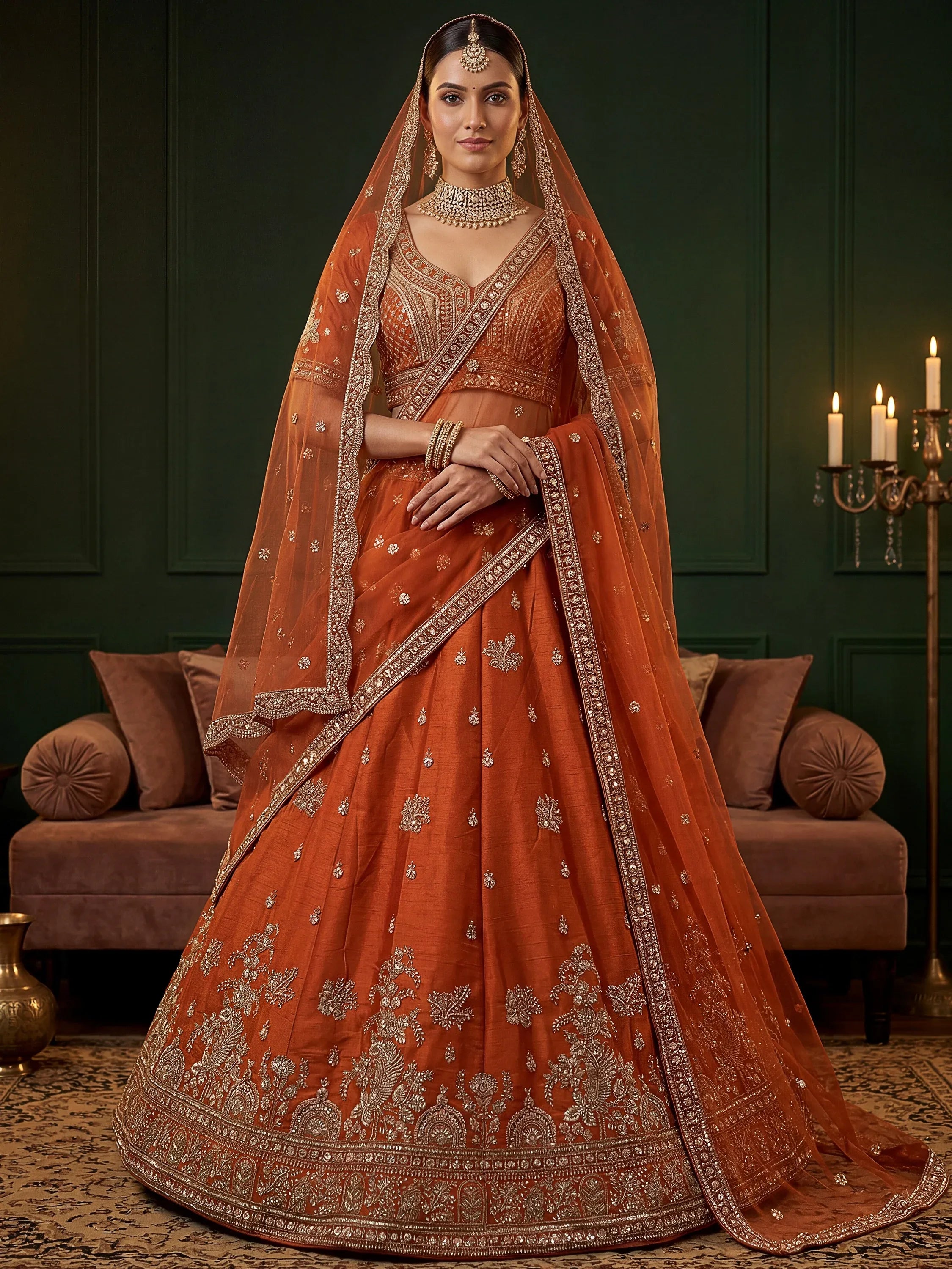 Royal Orange Dori Work Silk Bridal Lehenga Choli With Double Dupatta