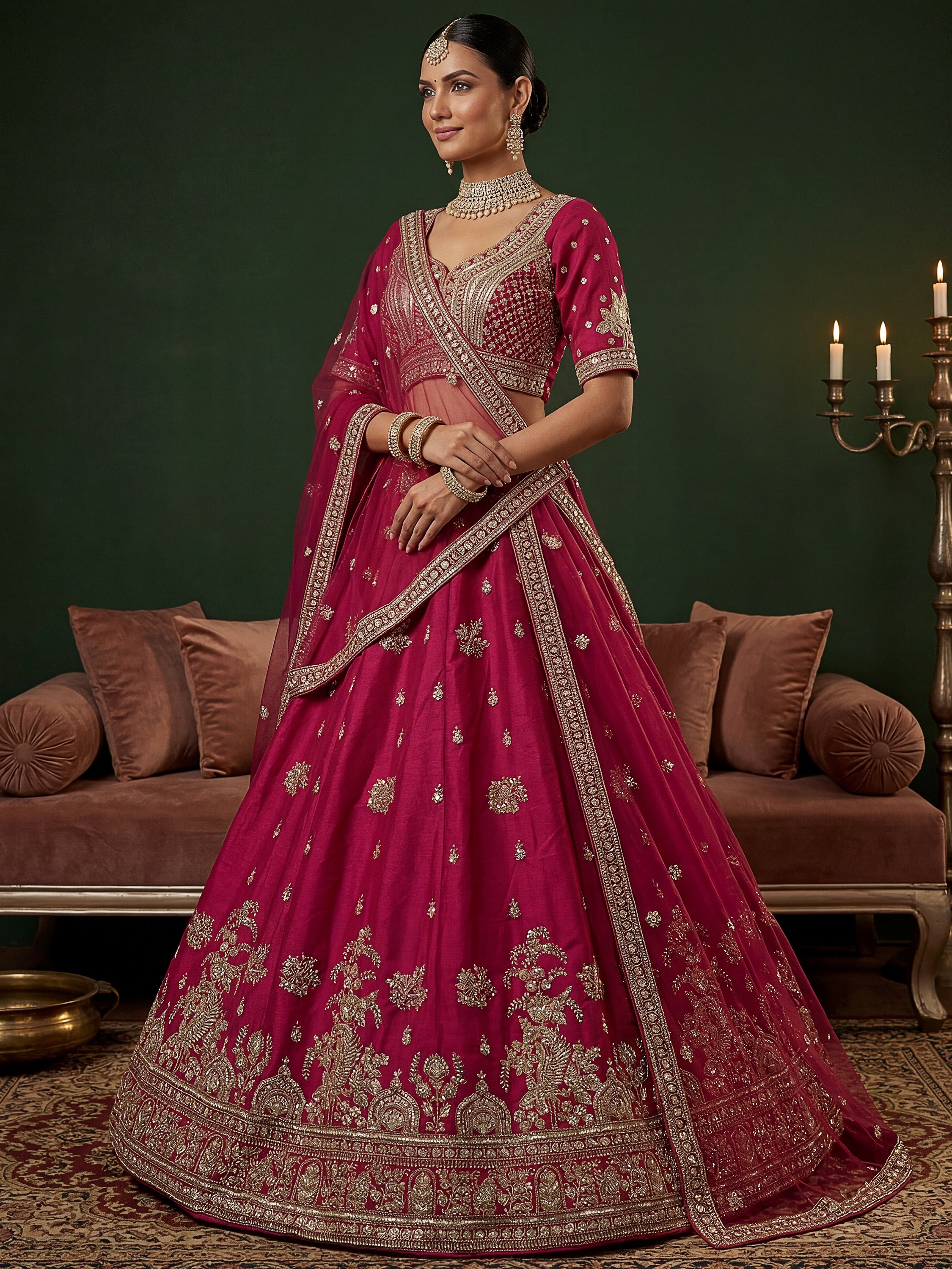 Alluring Rani Pink Silk Bridal Lehenga Choli With Double Dupatta